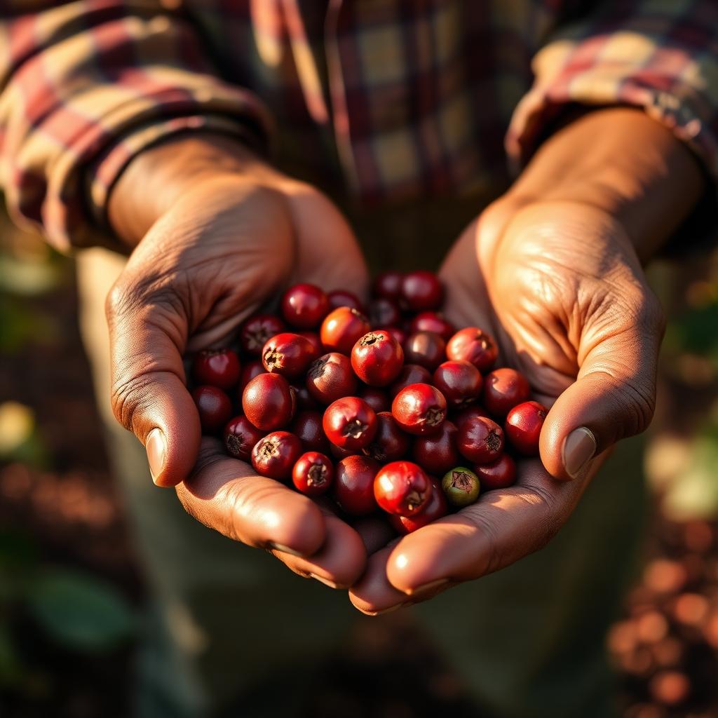 Ethiopian coffee farmer holding fresh coffee cherries
